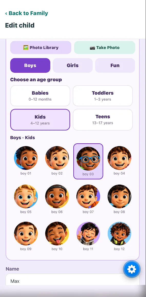 Family avatar selection screen